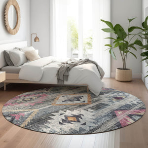 HomeRoots 8' Modern Southwestern Washable Round Rug in Gray, Gold & Blush with UV Protection for Homes 667027