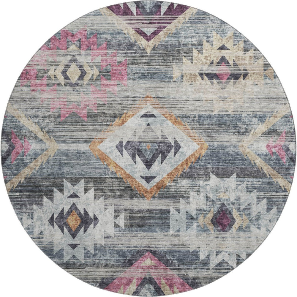 HomeRoots 8' Modern Southwestern Washable Round Rug in Gray, Gold & Blush with UV Protection for Homes 667027