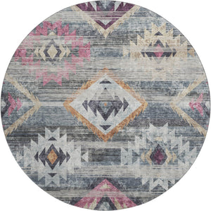 HomeRoots 8' Modern Southwestern Washable Round Rug in Gray, Gold & Blush with UV Protection for Homes 667027