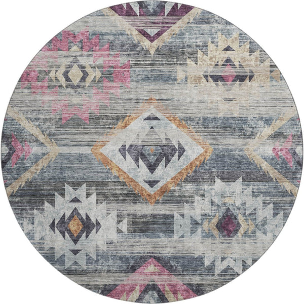 HomeRoots 8' Modern Southwestern Washable Round Rug in Gray, Gold & Blush with UV Protection for Homes 667027