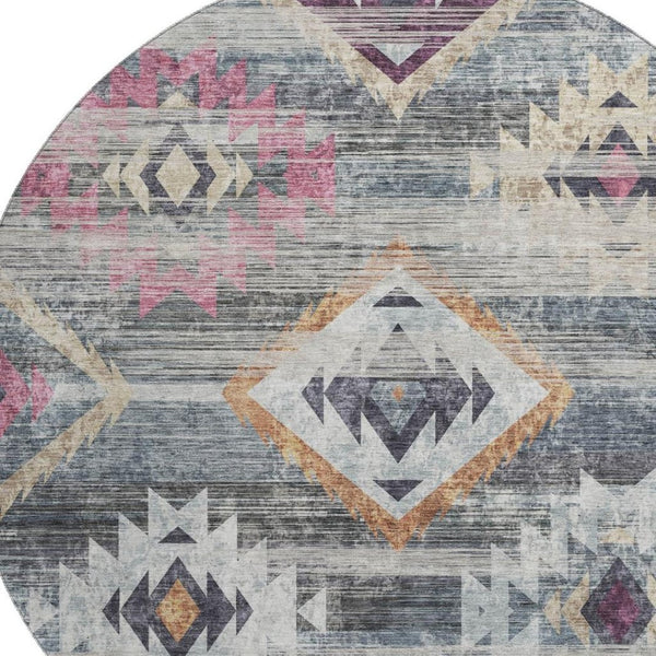 HomeRoots 8' Modern Southwestern Washable Round Rug in Gray, Gold & Blush with UV Protection for Homes 667027