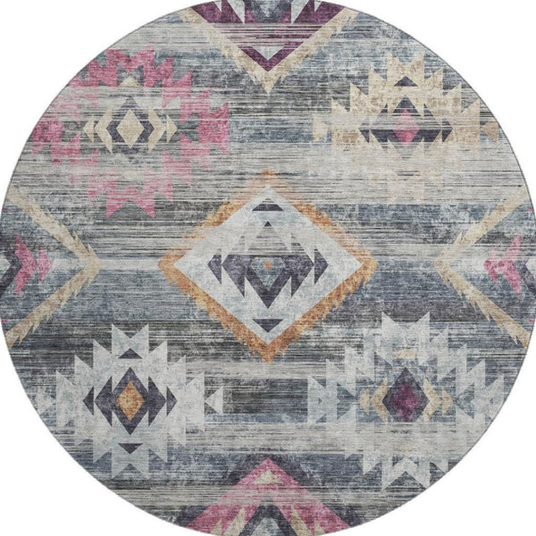 HomeRoots 8' Modern Southwestern Washable Round Rug in Gray, Gold & Blush with UV Protection for Homes 667027