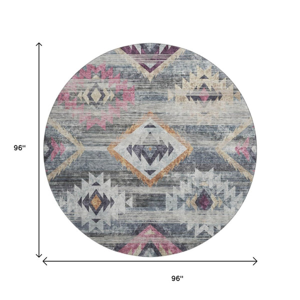 HomeRoots 8' Modern Southwestern Washable Round Rug in Gray, Gold & Blush with UV Protection for Homes 667027