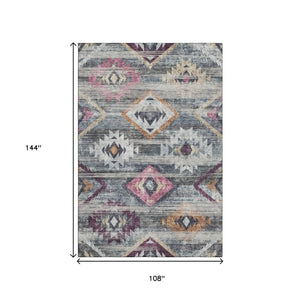 HomeRoots 9' X 12' Stylish Southwestern Area Rug in Gray, Gold & Blush - Washable, UV Protected & Durable! 667029