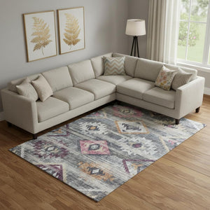 HomeRoots 9' X 12' Stylish Southwestern Area Rug in Gray, Gold & Blush - Washable, UV Protected & Durable! 667029
