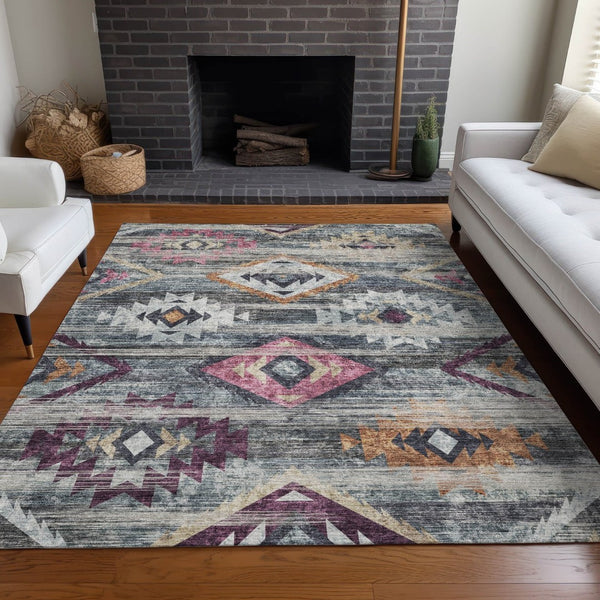 HomeRoots 9' X 12' Stylish Southwestern Area Rug in Gray, Gold & Blush - Washable, UV Protected & Durable! 667029