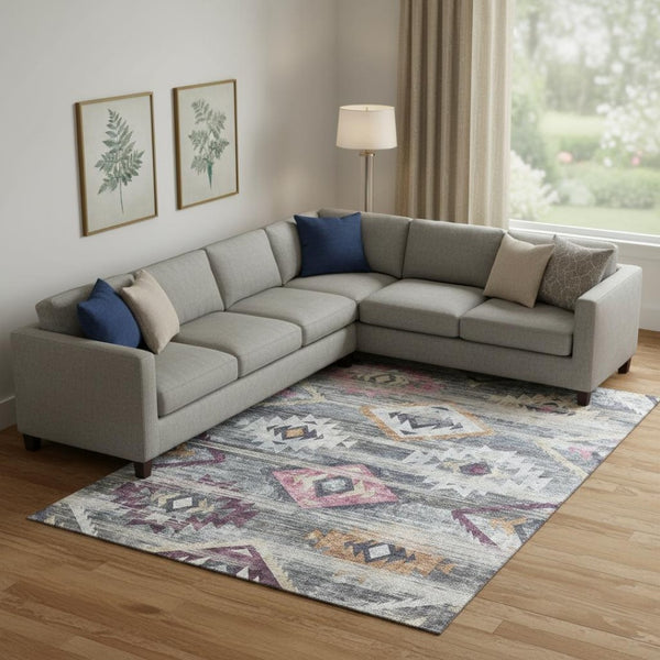 HomeRoots 10' X 14' Gray, Gold & Blush Southwestern Area Rug – Washable, UV-Protected, Stylish & Durable Décor 667030