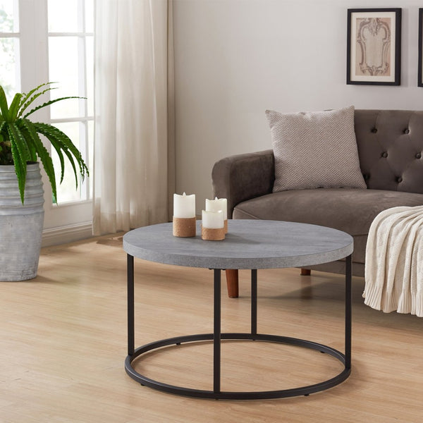 English Elm 31.5" Round Oak Finish Coffee Table Matte Black Steel Base for Modern Living Rooms Gray W3151P352762