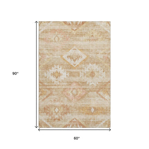 HomeRoots 5' X 8' Southwestern Washable Area Rug - Copper & Ivory, UV-Resistant, Durable for High-Traffic Areas 667050