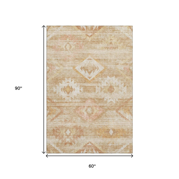 HomeRoots 5' X 8' Southwestern Washable Area Rug - Copper & Ivory, UV-Resistant, Durable for High-Traffic Areas 667050