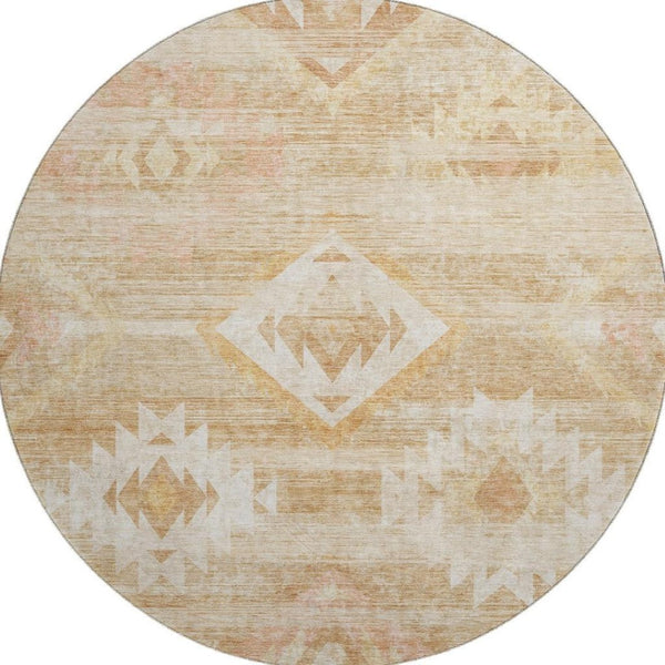 HomeRoots 8' Copper and Ivory Southwestern Round Rug - Washable, UV Protected, Stain Resistant for Durability! 667051