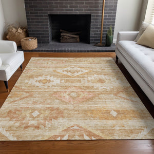 HomeRoots 9' X 12' Copper and Ivory Southwestern Area Rug - Durable, Stain-Resistant, UV Protected, Washable 667053
