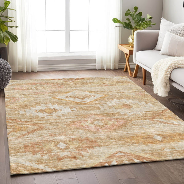 HomeRoots 9' X 12' Copper and Ivory Southwestern Area Rug - Durable, Stain-Resistant, UV Protected, Washable 667053