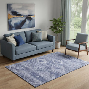 HomeRoots 5' X 8' Navy Blue & Ivory Southwestern Area Rug – Washable, UV Protected, Stain Resistant, Durable Design 667056
