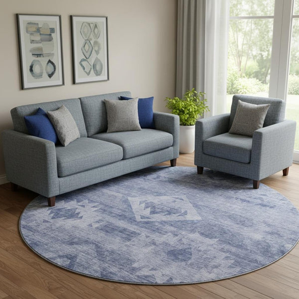 HomeRoots 8' Navy Blue & Ivory Southwestern Washable Round Rug - UV Protected, Easy-Care, Durable Design 667057