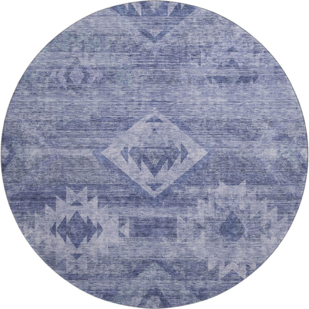 HomeRoots 8' Navy Blue & Ivory Southwestern Washable Round Rug - UV Protected, Easy-Care, Durable Design 667057