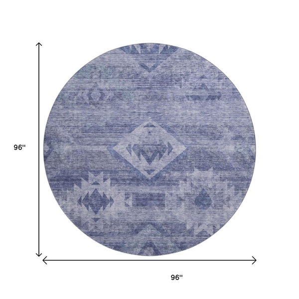 HomeRoots 8' Navy Blue & Ivory Southwestern Washable Round Rug - UV Protected, Easy-Care, Durable Design 667057