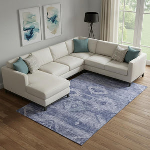 HomeRoots 9' X 12' Navy Blue and Ivory Southwestern Area Rug – Washable, Stain Resistant, UV Protected Design 667059