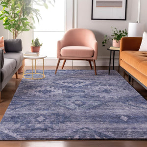 HomeRoots 9' X 12' Navy Blue and Ivory Southwestern Area Rug – Washable, Stain Resistant, UV Protected Design 667059
