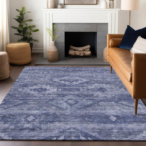 HomeRoots 9' X 12' Navy Blue and Ivory Southwestern Area Rug – Washable, Stain Resistant, UV Protected Design 667059