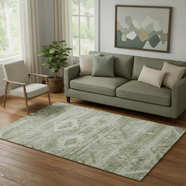 HomeRoots 5' X 8' Olive Green & Ivory Southwestern Area Rug – Stylish, Washable, UV-Protected for High Traffic Spaces 667062