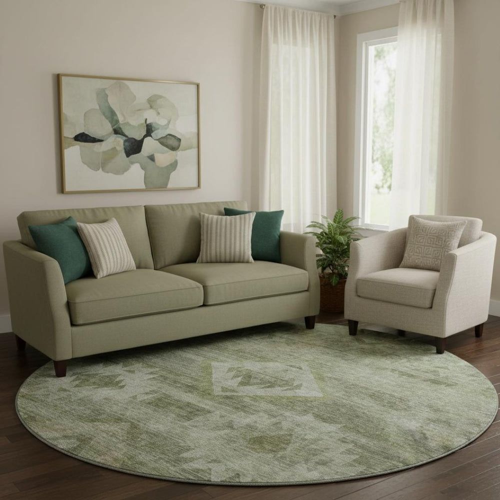 HomeRoots 8' Olive Green and Ivory Southwestern Round Rug - Washable, UV Protected, Stylish & Durable Design 667063