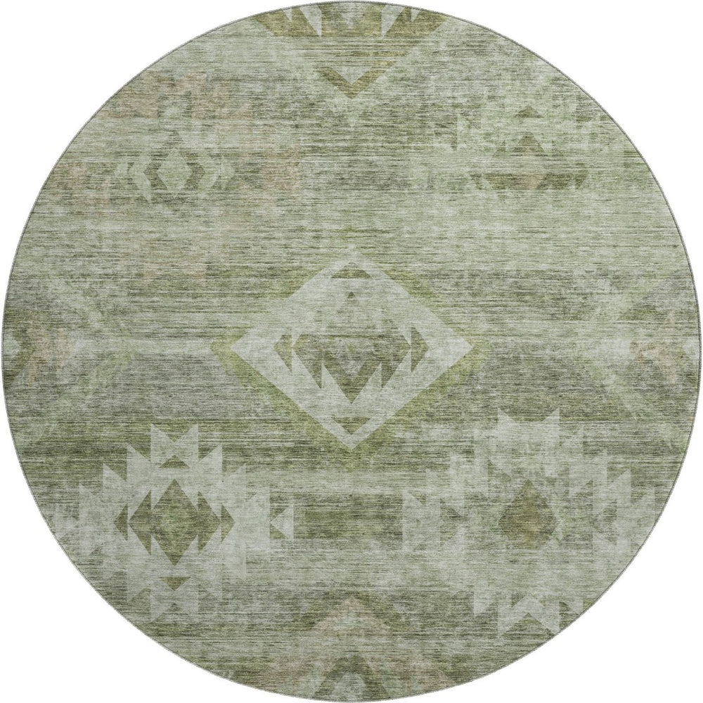 HomeRoots 8' Olive Green and Ivory Southwestern Round Rug - Washable, UV Protected, Stylish & Durable Design 667063