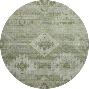 HomeRoots 8' Olive Green and Ivory Southwestern Round Rug - Washable, UV Protected, Stylish & Durable Design 667063