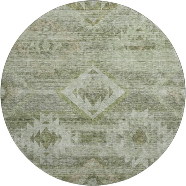 HomeRoots 8' Olive Green and Ivory Southwestern Round Rug - Washable, UV Protected, Stylish & Durable Design 667063
