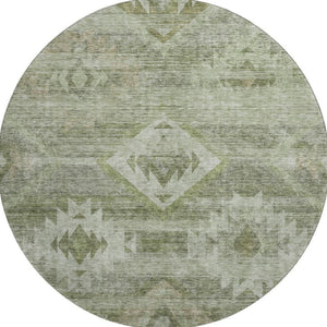 HomeRoots 8' Olive Green and Ivory Southwestern Round Rug - Washable, UV Protected, Stylish & Durable Design 667063