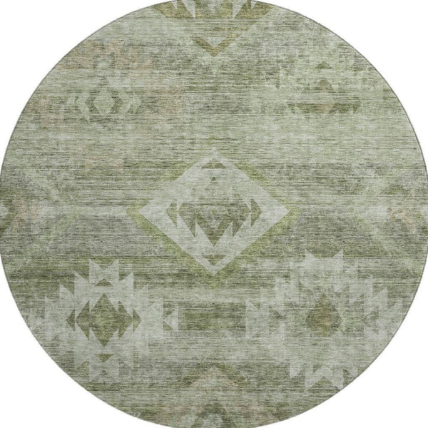 HomeRoots 8' Olive Green and Ivory Southwestern Round Rug - Washable, UV Protected, Stylish & Durable Design 667063