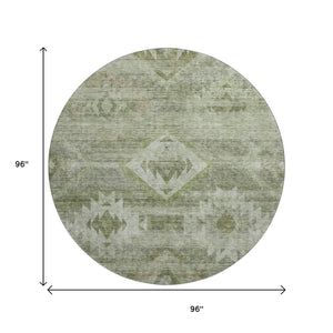 HomeRoots 8' Olive Green and Ivory Southwestern Round Rug - Washable, UV Protected, Stylish & Durable Design 667063
