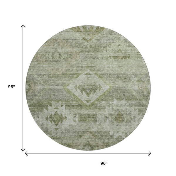HomeRoots 8' Olive Green and Ivory Southwestern Round Rug - Washable, UV Protected, Stylish & Durable Design 667063
