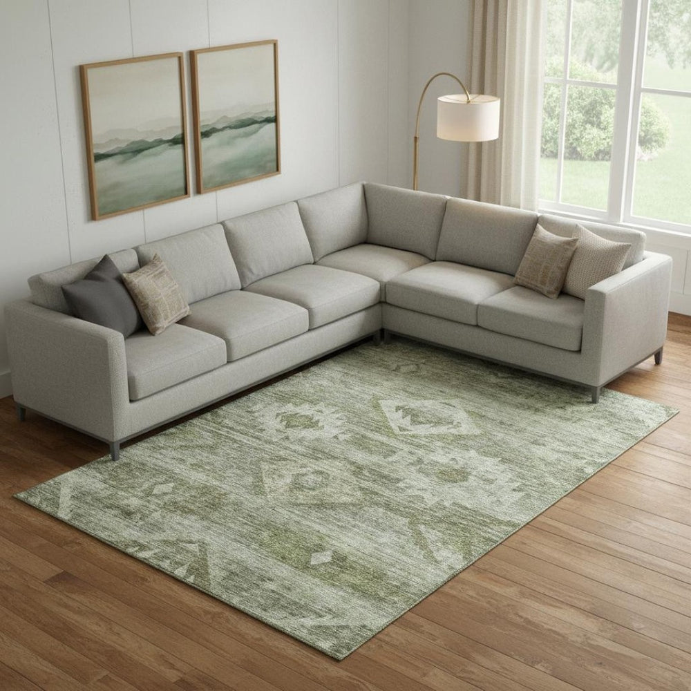 HomeRoots 8' X 10' Olive Green & Ivory Southwestern Area Rug - Washable, Stain-Resistant, UV Protected Design! 667064