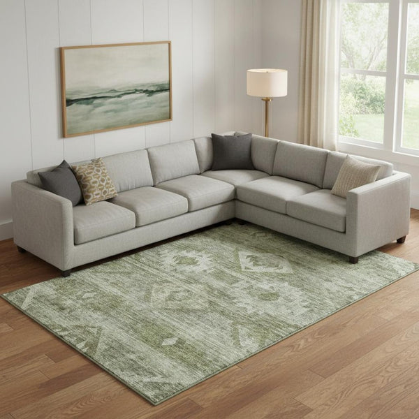 HomeRoots 9' Olive Green & Ivory Southwestern Area Rug – Washable, UV-Protected, Durable for High-Traffic Spaces 667065