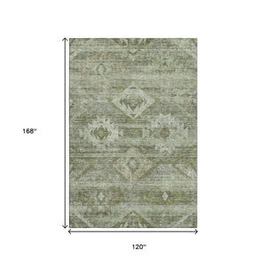 HomeRoots 10' X 14' Olive Green & Ivory Southwestern Area Rug - Washable, UV-Protected, Durable Design! 667066