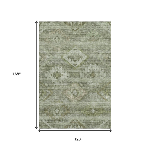 HomeRoots 10' X 14' Olive Green & Ivory Southwestern Area Rug - Washable, UV-Protected, Durable Design! 667066