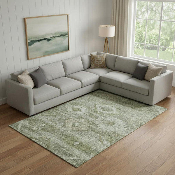 HomeRoots 10' X 14' Olive Green & Ivory Southwestern Area Rug - Washable, UV-Protected, Durable Design! 667066