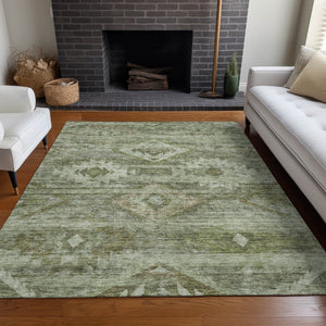 HomeRoots 10' X 14' Olive Green & Ivory Southwestern Area Rug - Washable, UV-Protected, Durable Design! 667066