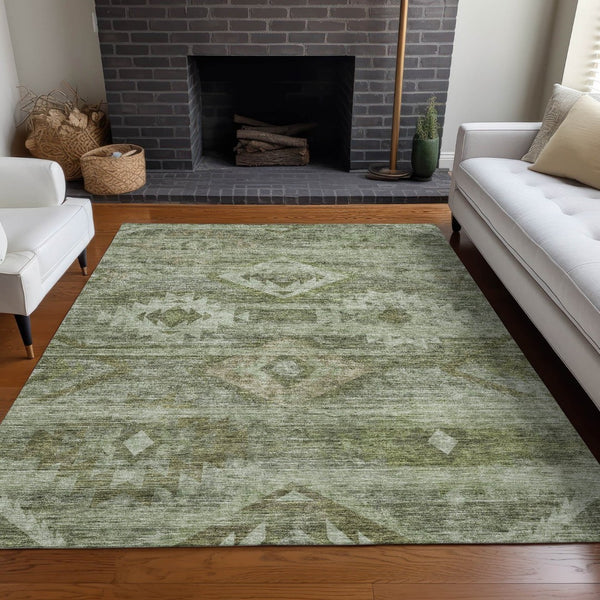 HomeRoots 10' X 14' Olive Green & Ivory Southwestern Area Rug - Washable, UV-Protected, Durable Design! 667066