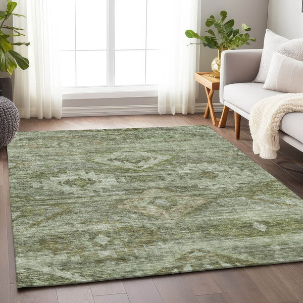 HomeRoots 10' X 14' Olive Green & Ivory Southwestern Area Rug - Washable, UV-Protected, Durable Design! 667066