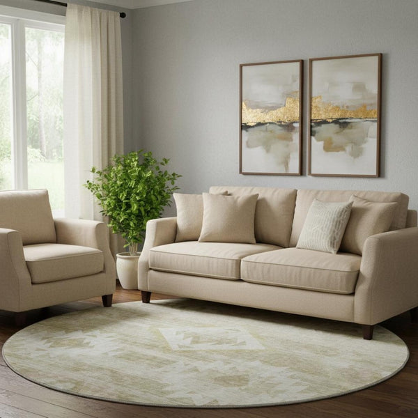 HomeRoots 8' Taupe And Ivory Southwestern Round Rug – Washable, Stain-Resistant, UV-Protected for Everyday Use 667081
