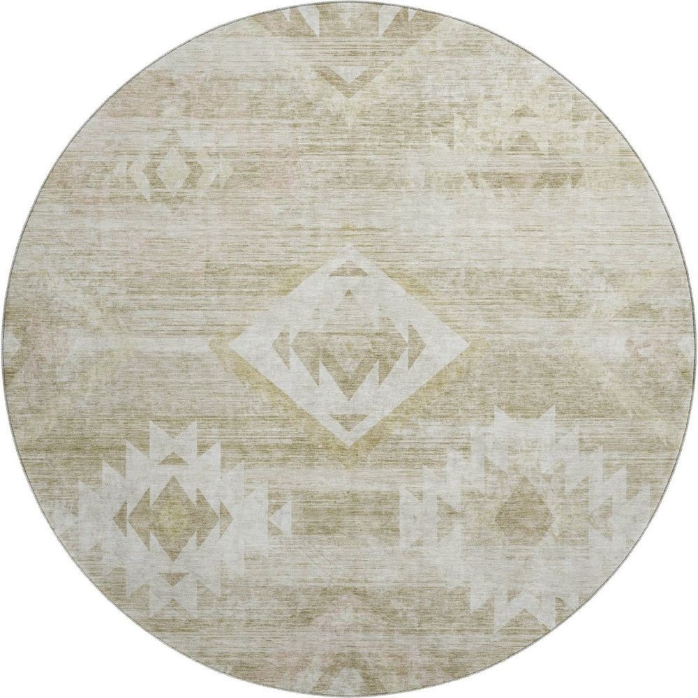 HomeRoots 8' Taupe And Ivory Southwestern Round Rug – Washable, Stain-Resistant, UV-Protected for Everyday Use 667081