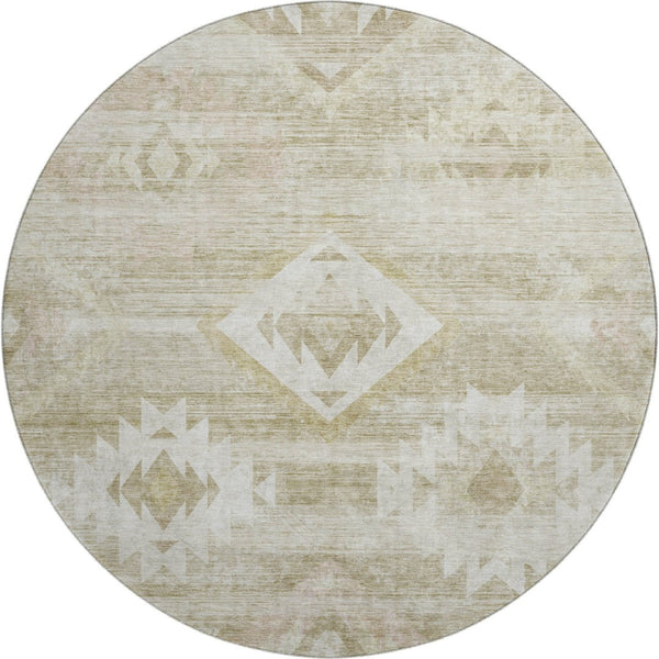 HomeRoots 8' Taupe And Ivory Southwestern Round Rug – Washable, Stain-Resistant, UV-Protected for Everyday Use 667081