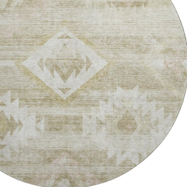 HomeRoots 8' Taupe And Ivory Southwestern Round Rug – Washable, Stain-Resistant, UV-Protected for Everyday Use 667081