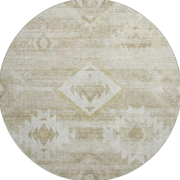 HomeRoots 8' Taupe And Ivory Southwestern Round Rug – Washable, Stain-Resistant, UV-Protected for Everyday Use 667081