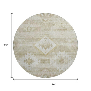 HomeRoots 8' Taupe And Ivory Southwestern Round Rug – Washable, Stain-Resistant, UV-Protected for Everyday Use 667081