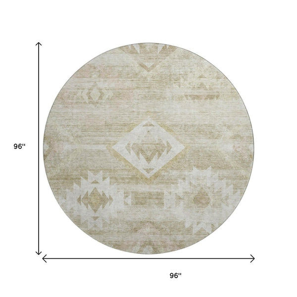 HomeRoots 8' Taupe And Ivory Southwestern Round Rug – Washable, Stain-Resistant, UV-Protected for Everyday Use 667081