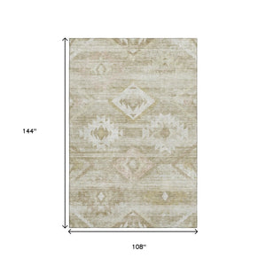 HomeRoots 9' X 12' Taupe and Ivory Southwestern Washable Area Rug with Stain Resistance & UV Protection 667083