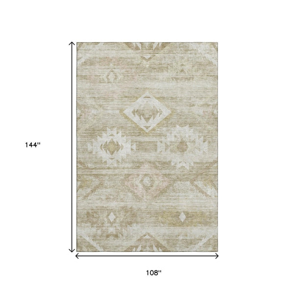 HomeRoots 9' X 12' Taupe and Ivory Southwestern Washable Area Rug with Stain Resistance & UV Protection 667083
